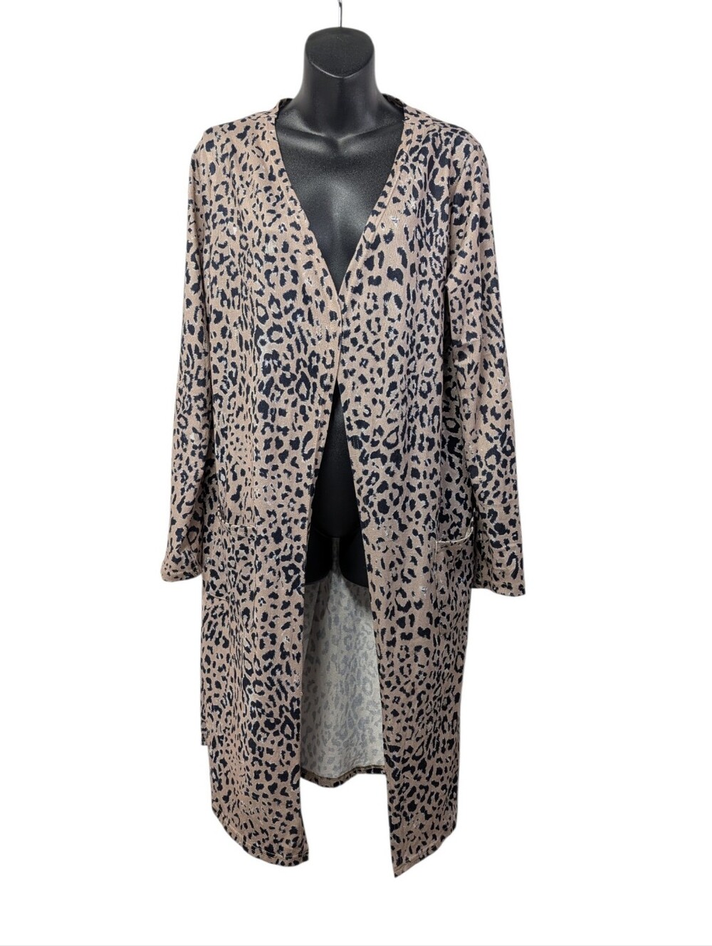 Kancystore Leopard Print Longline Open Front Cardigan Duster Beige Large L